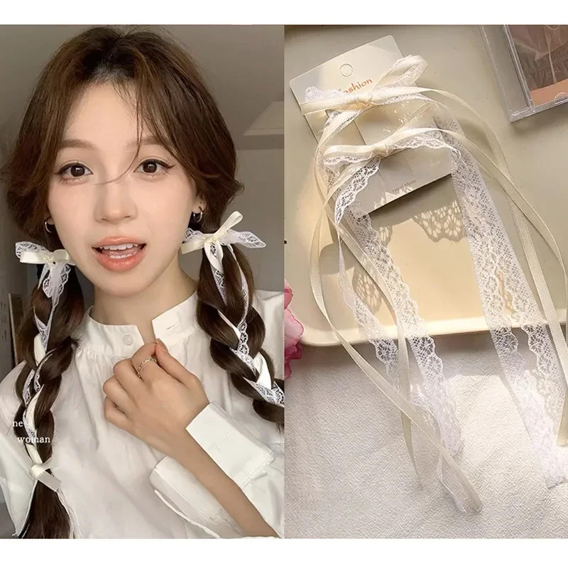 Ribbon Bow Gift - 2Pcs Korean Lace White Bow Ribbon